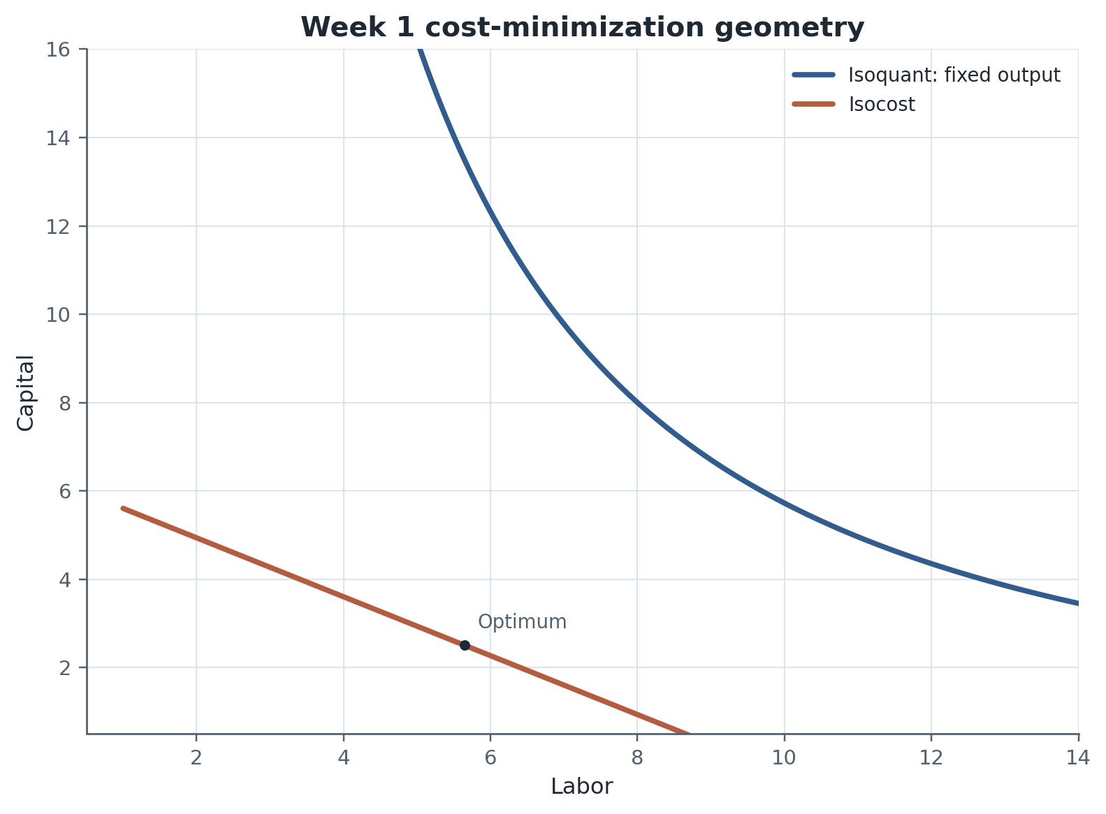 Isoquant-isocost geometry for Week 1. The tangency illustrates Equation : holding output fixed, conditional labor demand isolates substitution across inputs rather than the full employment response to a wage or tax shock.